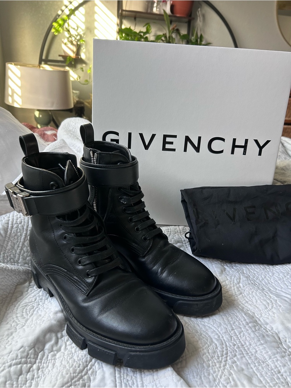 Givenchy Black Leather Buckle Combat Boots